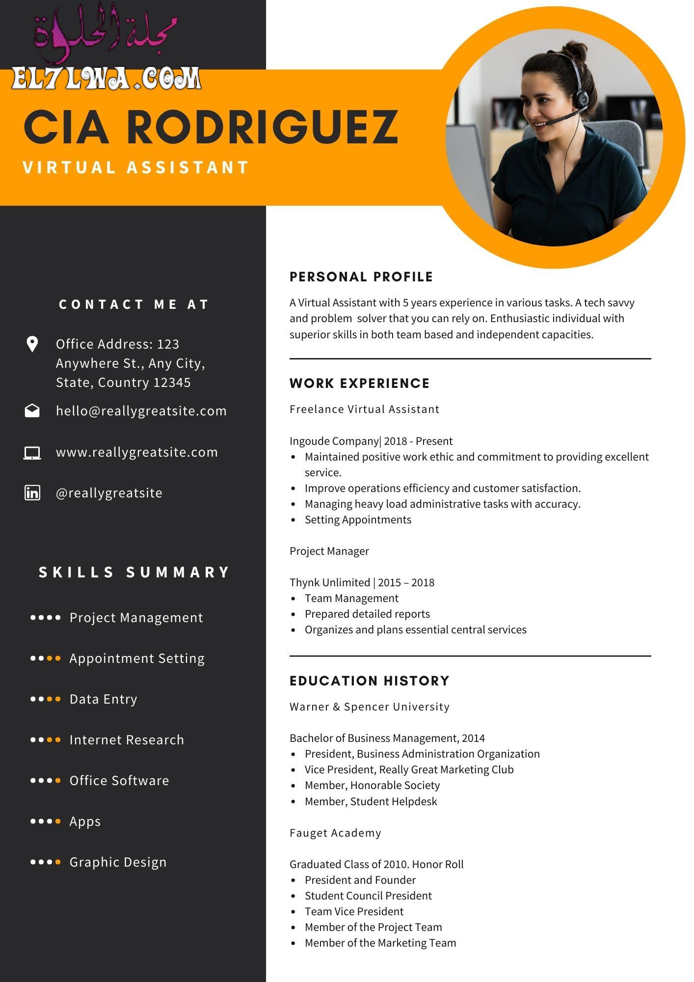 Orange and Black Virtual Assistant Resume