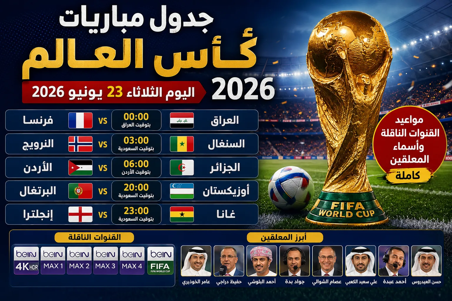 جدول مباريات كأس العالم 2026 اليوم الثلاثاء 23 يونيو.. مواجهة عربية نارية بين الأردن والجزائر وفرنسا تصطدم بالعراق وإنجلترا تترقب اختبار غانا