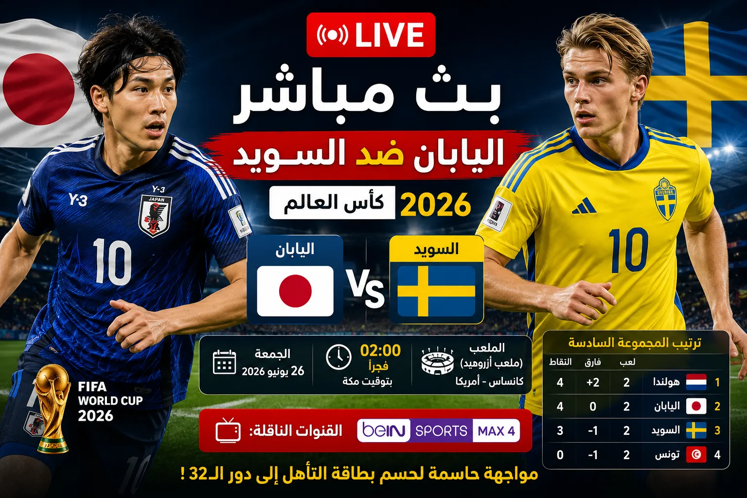 بث مباشر مباراة اليابان ضد السويد اليوم في كأس العالم 2026.. الموعد الرسمي والقنوات الناقلة وصراع التأهل في الجولة الأخيرة
