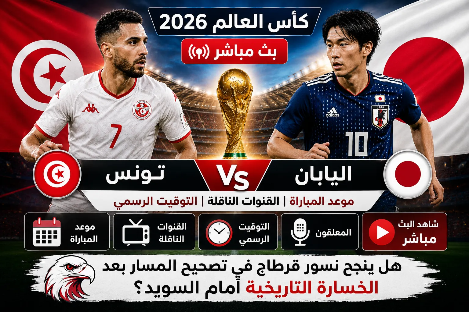 موعد مباراة تونس واليابان في كأس العالم 2026 والقنوات الناقلة والمعلق الرسمي.. هل ينجح نسور قرطاج في تصحيح المسار وإنعاش آمال التأهل بعد الخسارة القاسية أمام السويد؟
