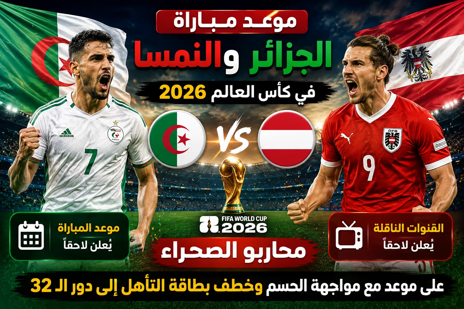 موعد مباراة الجزائر والنمسا في كأس العالم 2026 والقنوات الناقلة.. محاربو الصحراء على بعد خطوة من التأهل إلى دور الـ32