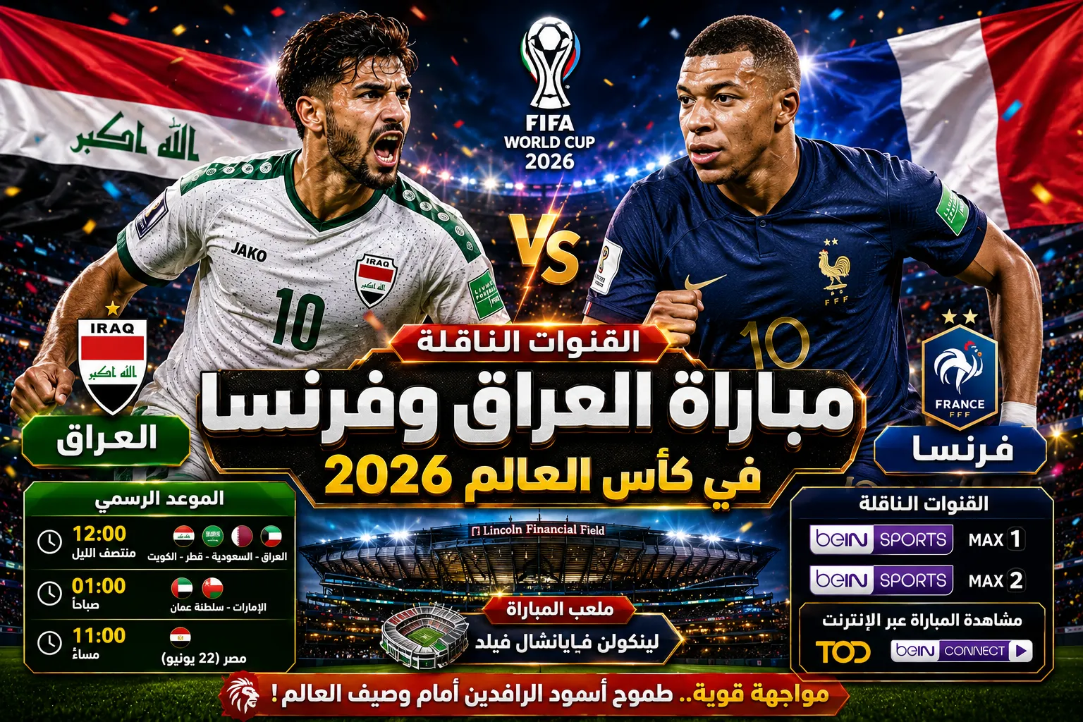 القنوات الناقلة لمباراة العراق وفرنسا في كأس العالم 2026.. الموعد الرسمي وتفاصيل مواجهة أسود الرافدين أمام وصيف العالم