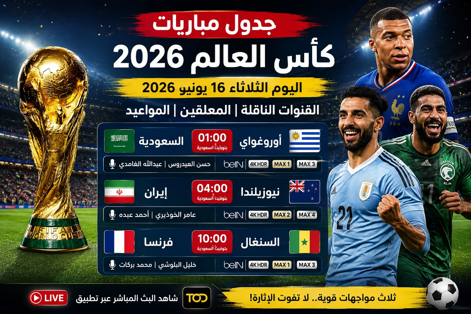 جدول مباريات كأس العالم اليوم الثلاثاء 16 يونيو 2026 والقنوات الناقلة والمعلقين ومواعيد أقوى المواجهات المرتقبة بين السعودية وأوروجواي وفرنسا والسنغال