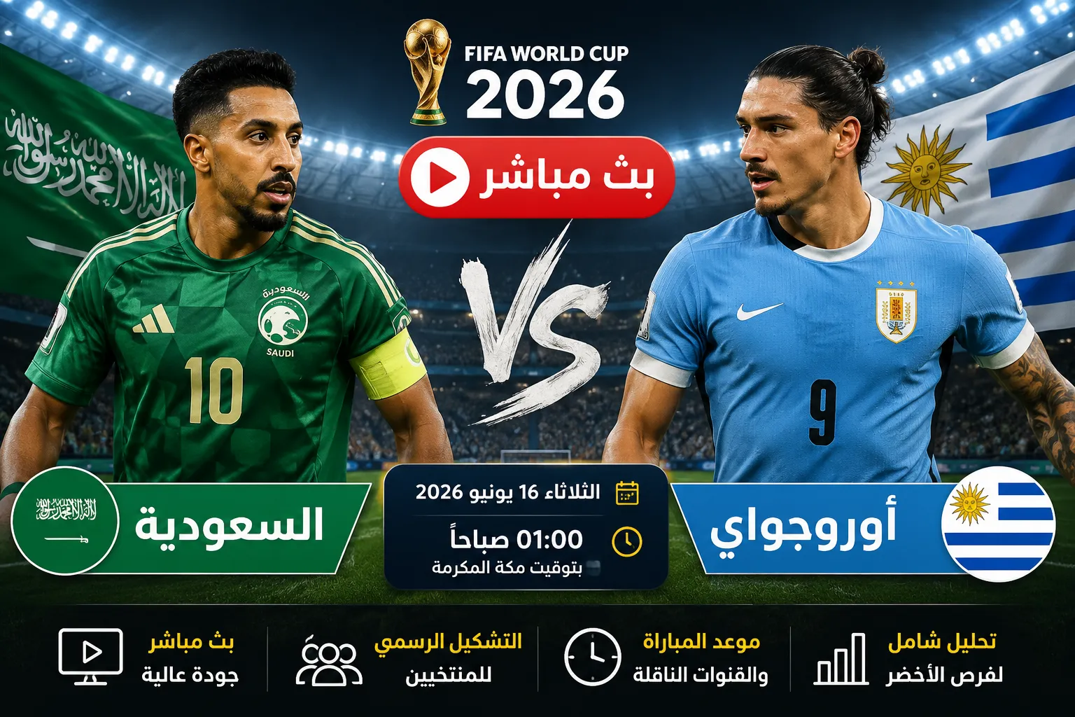 يلا شوت بث مباشر مباراة السعودية وأوروجواي في كأس العالم 2026.. الأخضر يتقدم بهدف عبدالالإله العمري بعد شوط أول مثالي وتألق استثنائي من محمد العويس