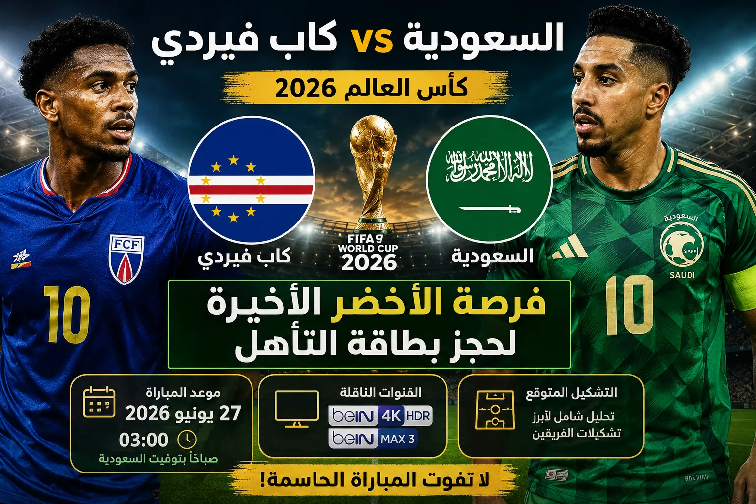 موعد مباراة السعودية والرأس الأخضر اليوم في كأس العالم 2026 والقنوات الناقلة والتشكيل المتوقع.. الأخضر يخوض مواجهة الفرصة الأخيرة لحجز بطاقة التأهل
