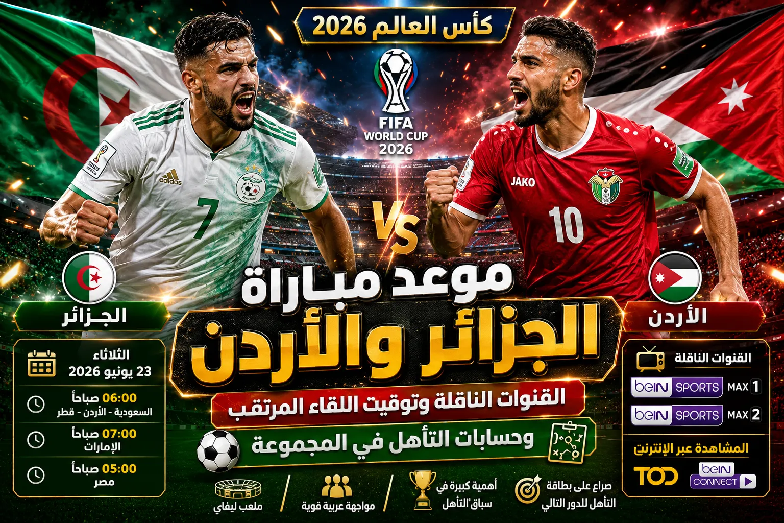 القنوات الناقلة لمباراة الجزائر والأردن في كأس العالم 2026.. الموعد الرسمي وتفاصيل المواجهة العربية المنتظرة في الجولة الثانية