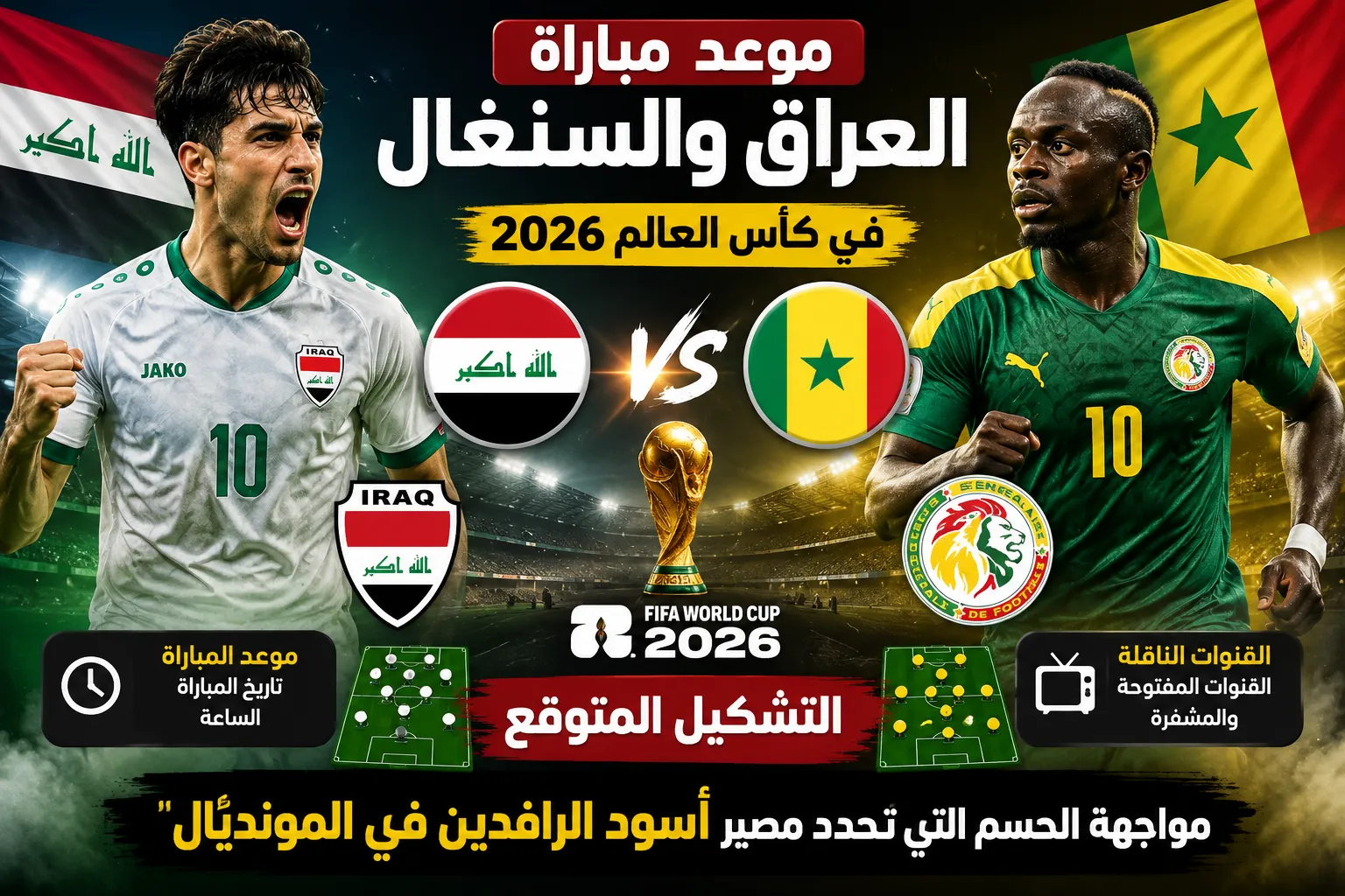موعد مباراة العراق والسنغال في كأس العالم 2026 والقنوات الناقلة.. فرصة أخيرة لأسود الرافدين نحو التأهل التاريخي إلى دور الـ32