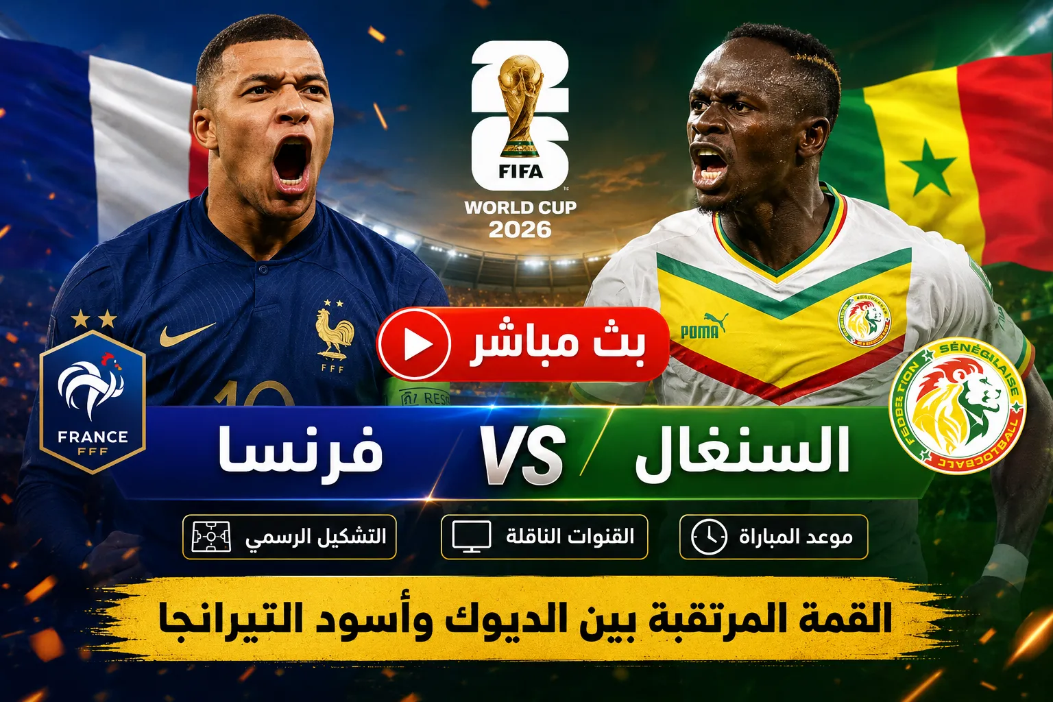 بث مباشر مباراة فرنسا والسنغال في كأس العالم 2026.. التشكيل الرسمي وموعد اللقاء المرتقب بين الديوك وأسود التيرانجا في افتتاح مشوار المجموعة التاسعة