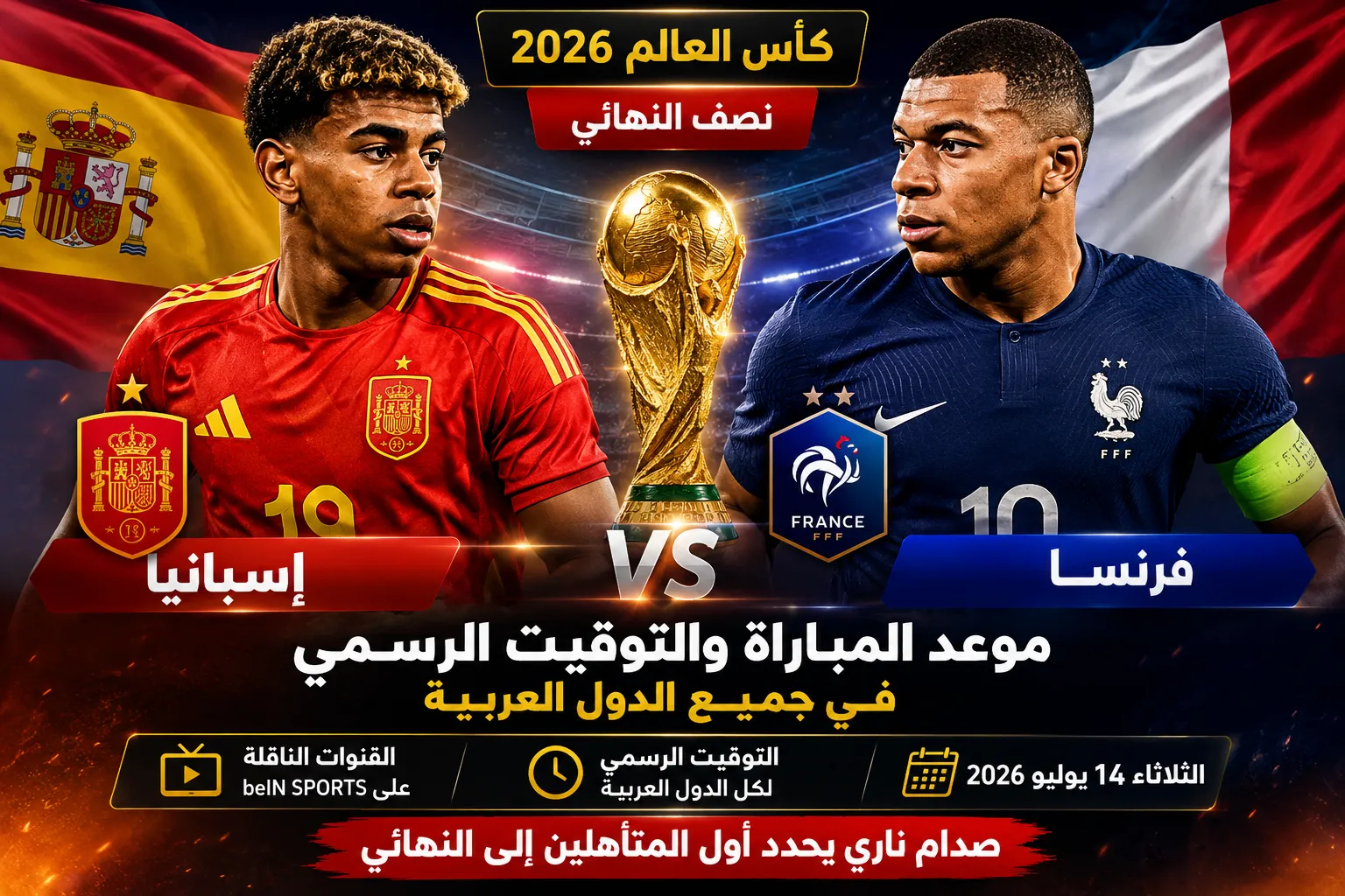 جدول مباريات اليوم الثلاثاء 14 يوليو 2026 في كأس العالم.. موعد مباراة فرنسا وإسبانيا والقنوات الناقلة وأسماء المعلقين