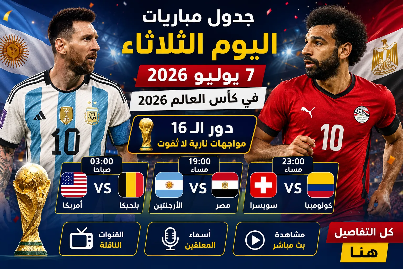 جدول مباريات كأس العالم اليوم الثلاثاء 7 يوليو 2026.. مواعيد مباريات دور الـ16 والقنوات الناقلة والمعلقون وكيف تشاهد بث مباشر مباراة مصر والأرجنتين