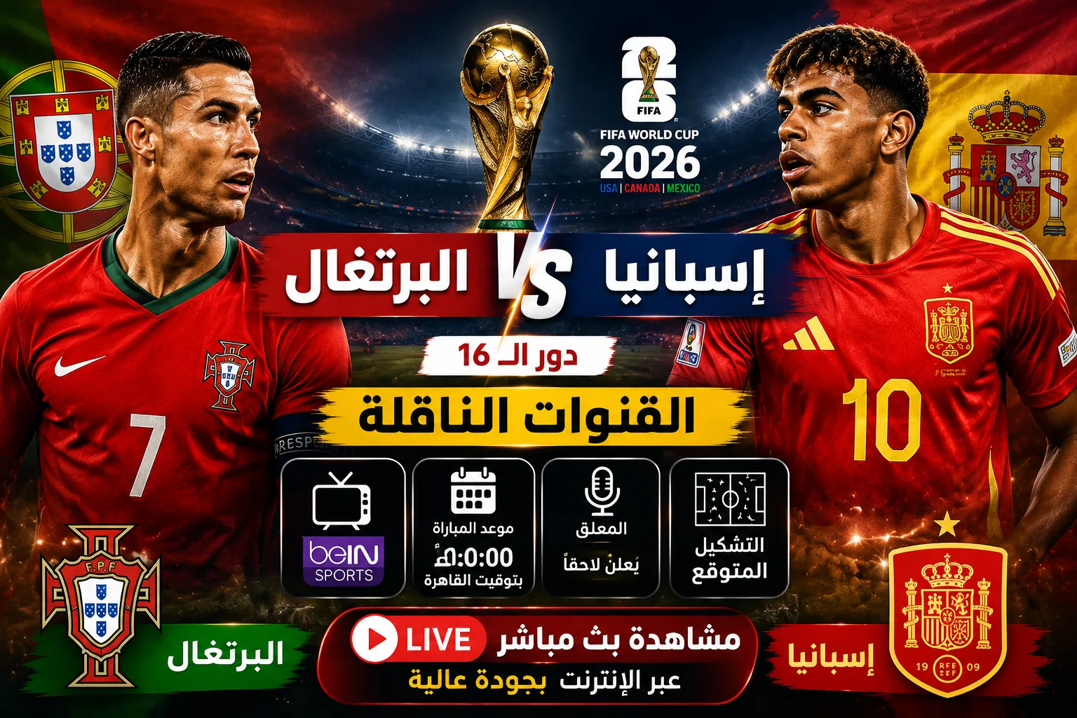 موعد مباراة البرتغال ضد إسبانيا اليوم في كأس العالم 2026.. القنوات الناقلة والتوقيت الرسمي وكيفية مشاهدة القمة الأوروبية بث مباشر