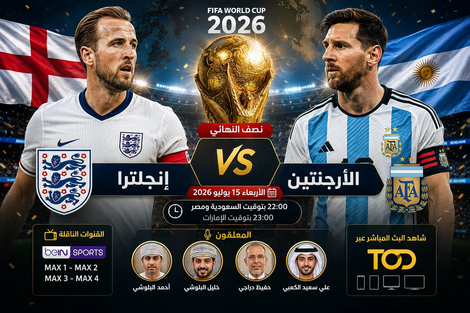 جدول مباريات اليوم الأربعاء 15 يوليو 2026 في كأس العالم 2026.. موعد مباراة إنجلترا والأرجنتين والقنوات الناقلة وأسماء المعلقين بالكامل