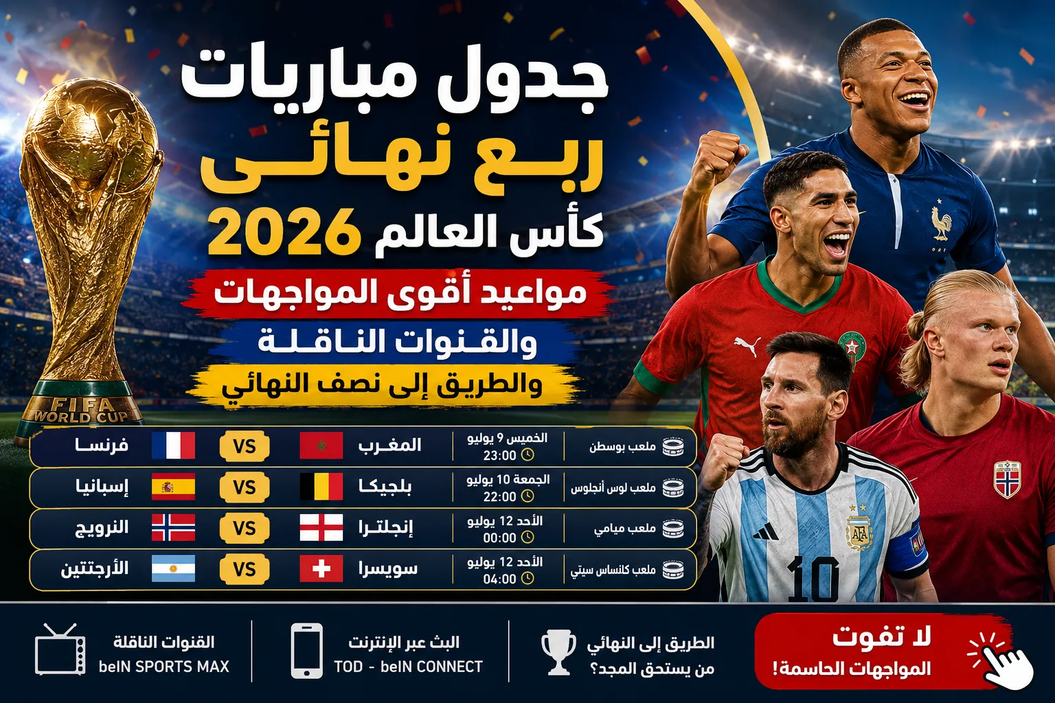 جدول مباريات ربع نهائي كأس العالم 2026.. مواعيد أقوى المواجهات والقنوات الناقلة وطريق المنتخبات إلى نصف النهائي