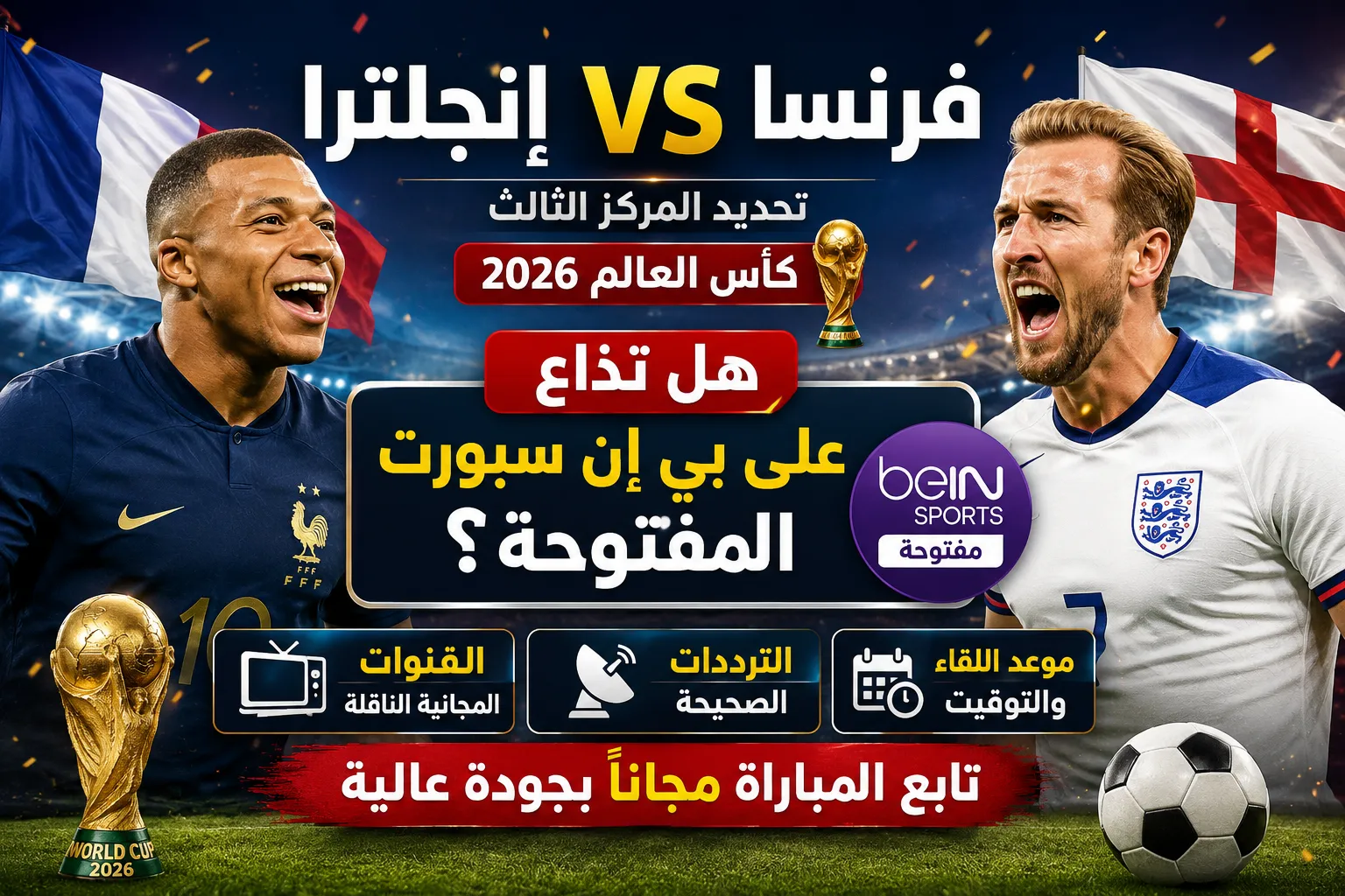 بث مباشر مباراة فرنسا وإنجلترا الآن في كأس العالم 2026.. القنوات الناقلة وموعد اللقاء وأين يمكن مشاهدة فرنسا ضد إنجلترا في مباراة تحديد المركز الثالث؟