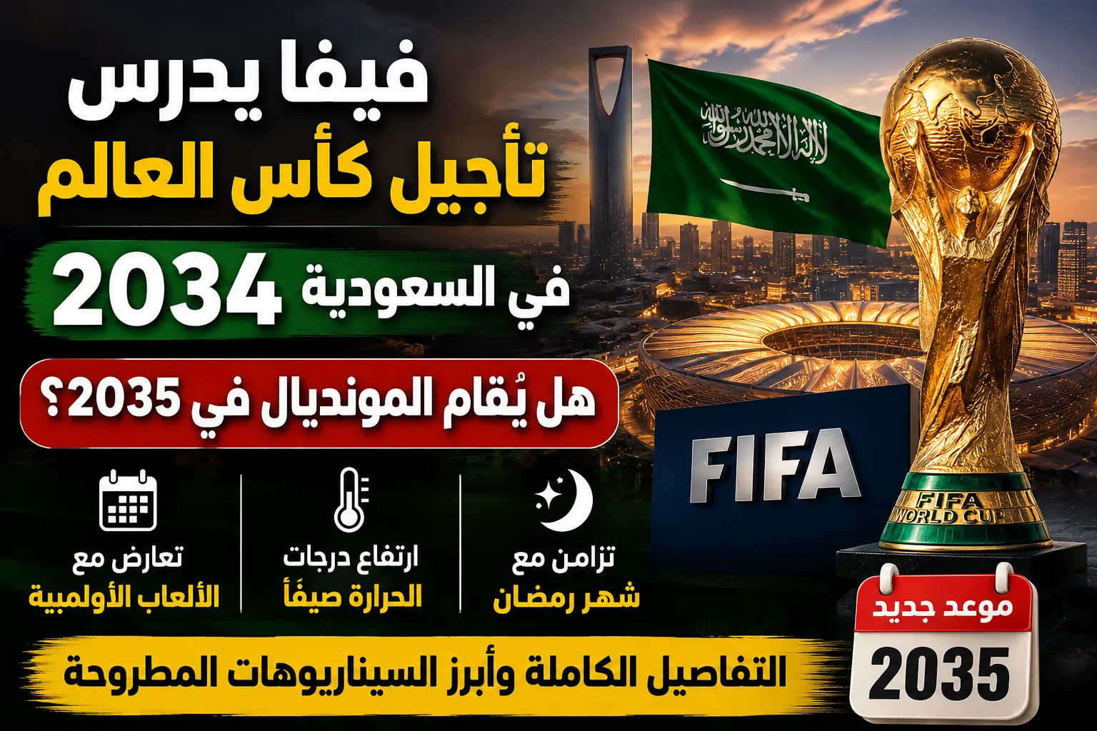فيفا يدرس تأجيل كأس العالم 2034 في السعودية إلى 2035.. رمضان والأولمبياد الشتوية وارتفاع درجات الحرارة تربك موعد المونديال وتحسم الجدل حول مستقبل البطولة