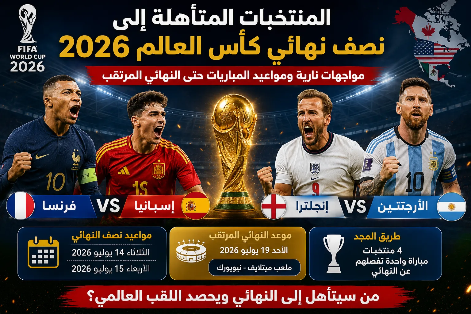 المنتخبات المتأهلة إلى نصف نهائي كأس العالم 2026 رسميًا.. جدول مباريات المربع الذهبي والمواعيد الكاملة حتى النهائي