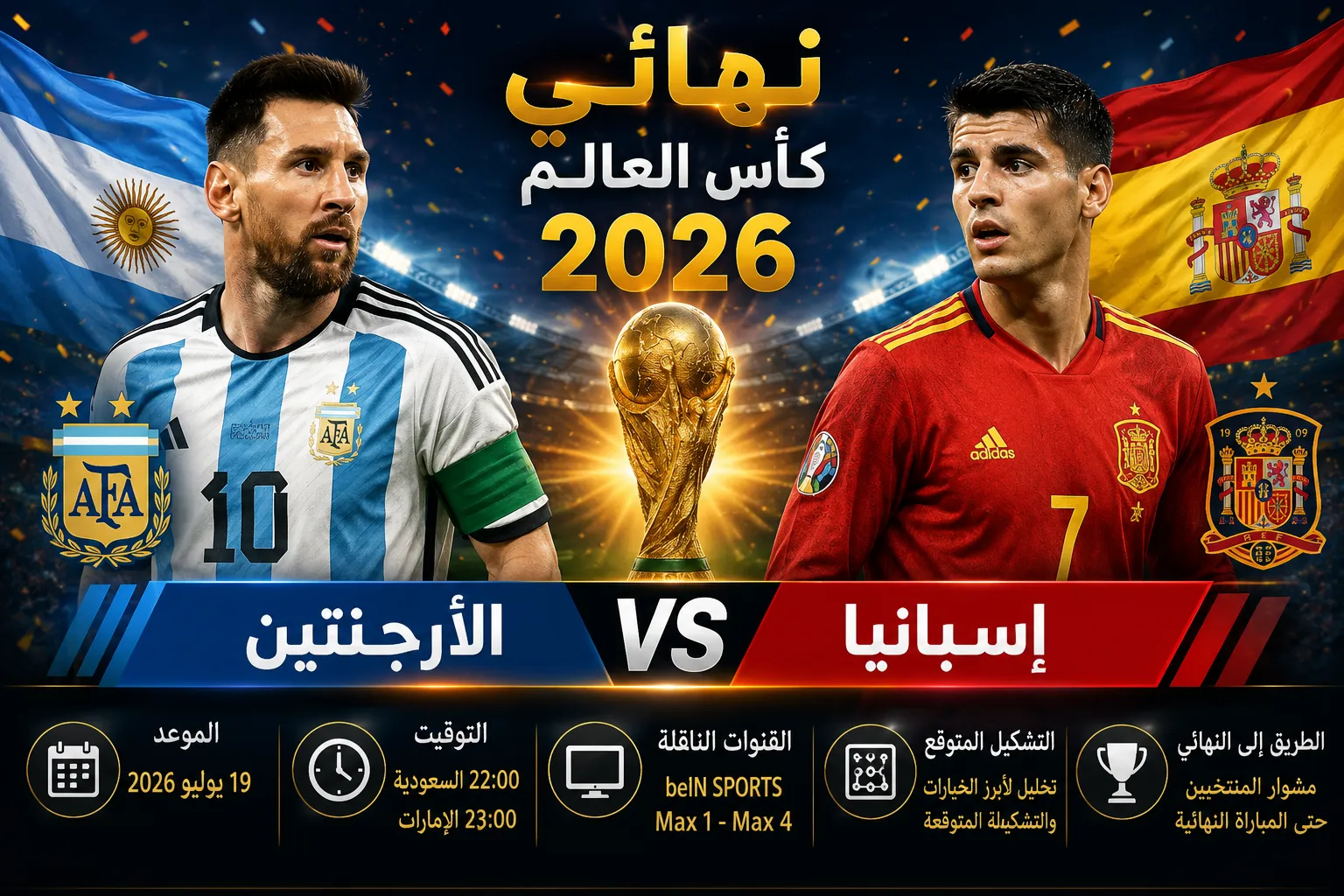 نهائي كأس العالم 2026.. موعد مباراة الأرجنتين وإسبانيا والقنوات الناقلة والتشكيل المتوقع وكل ما تريد معرفته عن القمة العالمية